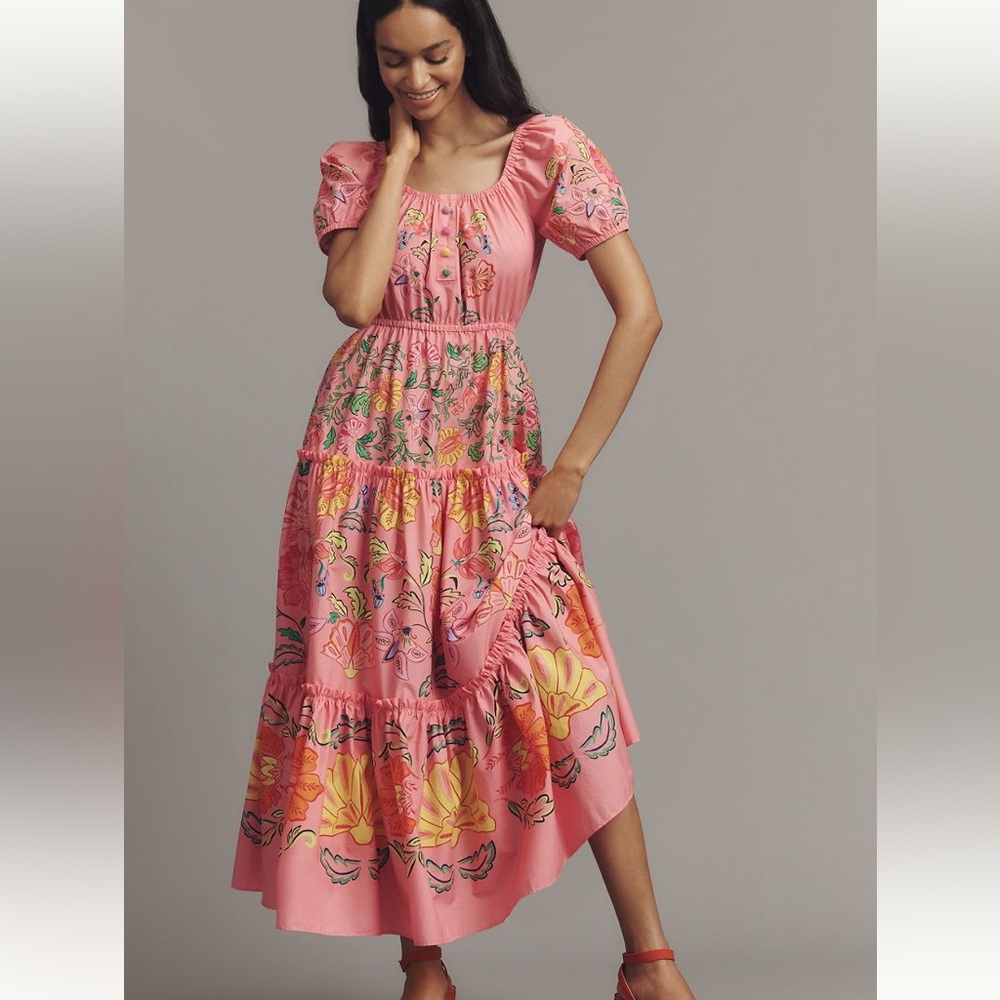New FARM Rio x Anthropologie Puff Sleeve Tiered Pink Maxi Dress